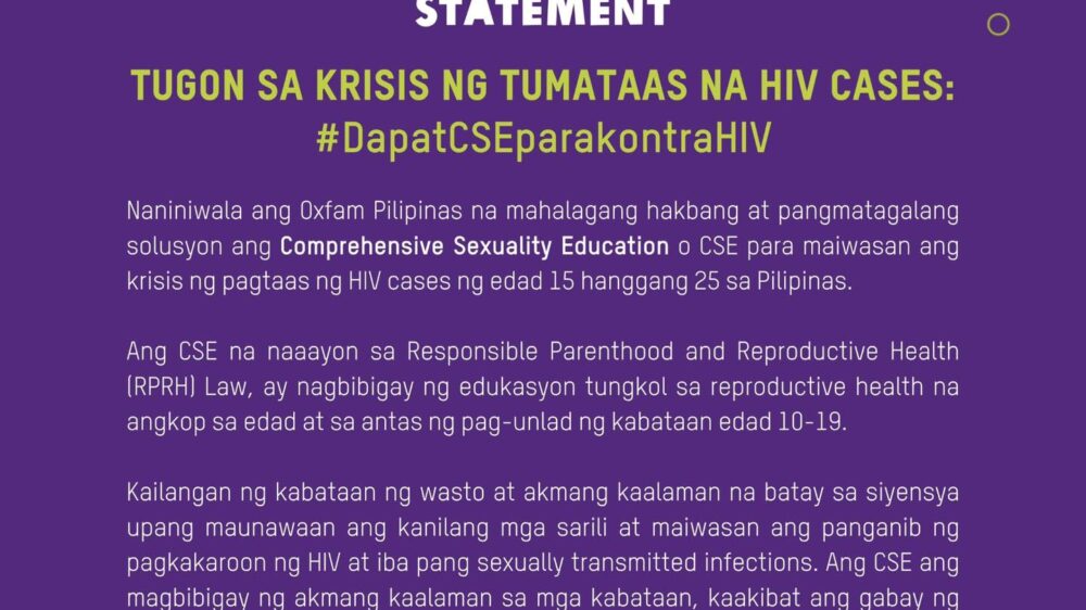 Oxfam Pilipinas statement on the rising HIV cases in the Philippines
