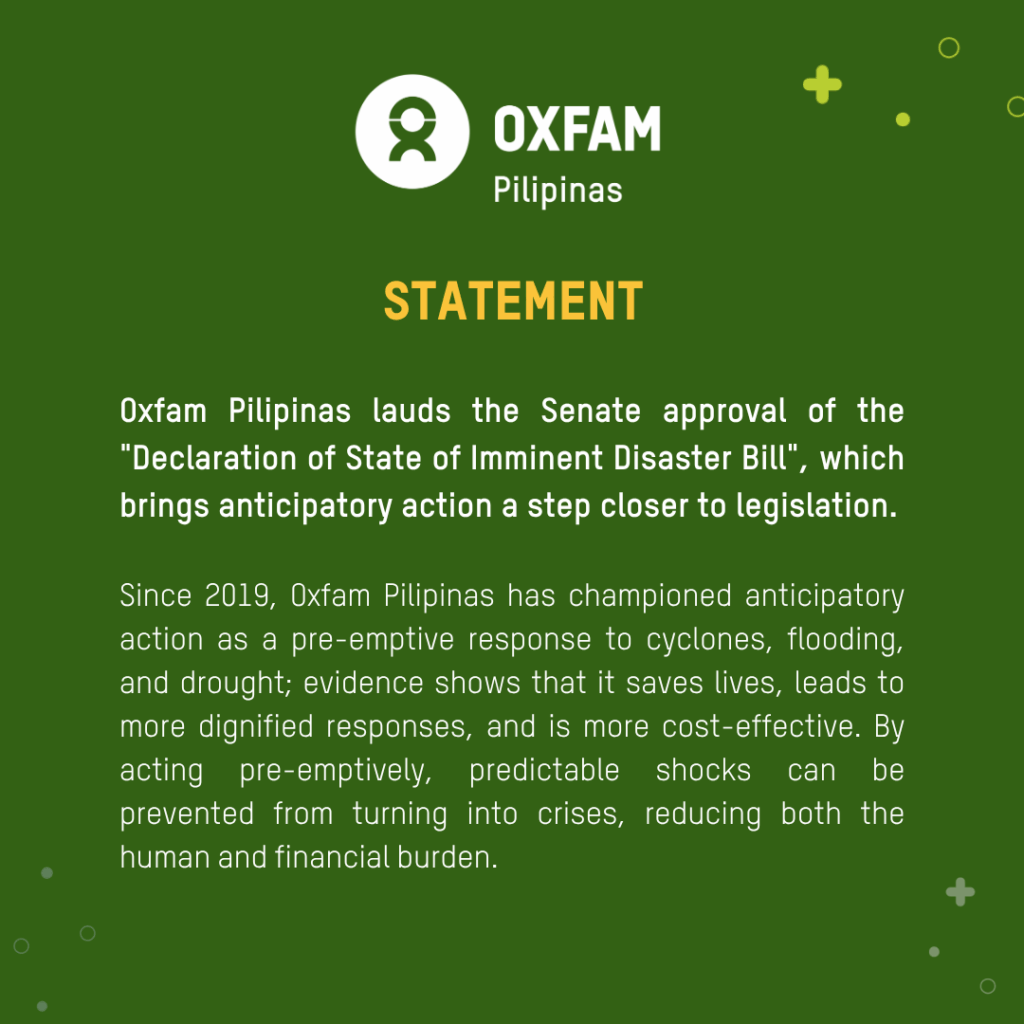 Oxfam Pilipinas statement on the approval of the Imminent Disaster Bill in the Senate of the Philippines

learn more at oxfam.org.ph