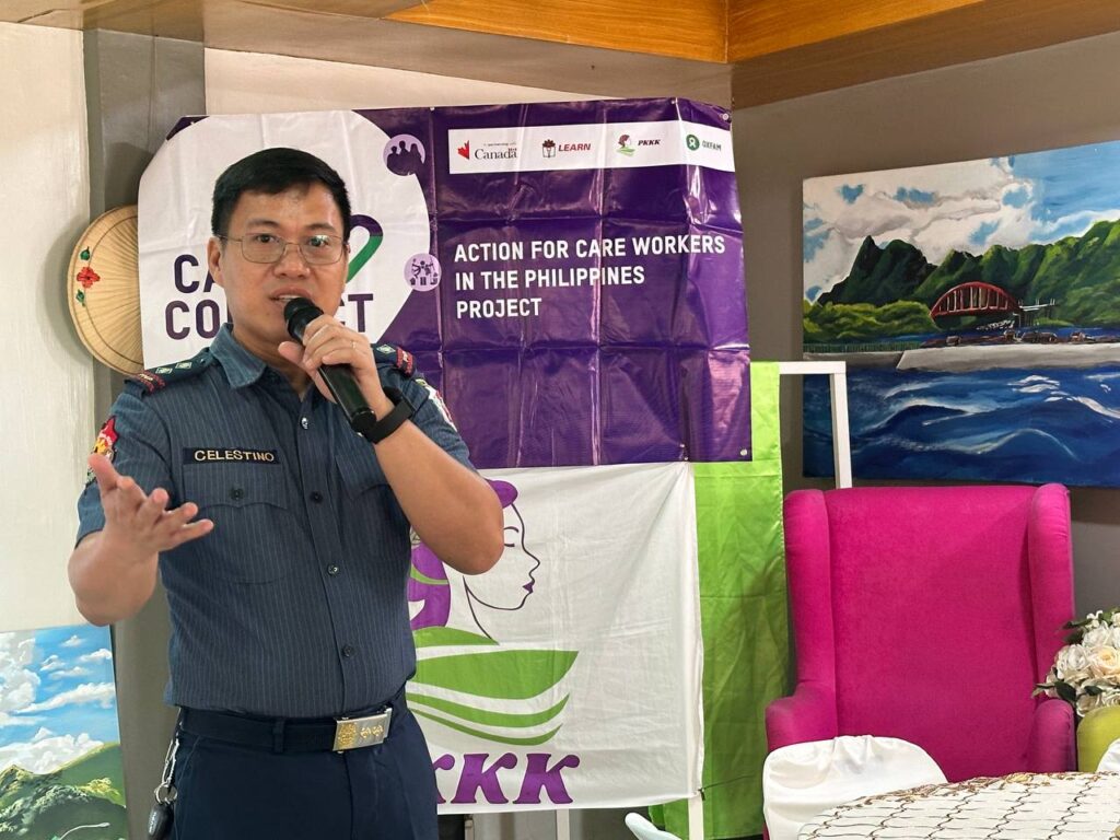 Photo of project partner speaking to the participants at the Care Connect Biliran launch by Oxfam Pilipinas, PKKK, Government of Canada, and local partners. For info, visit oxfam.org.ph