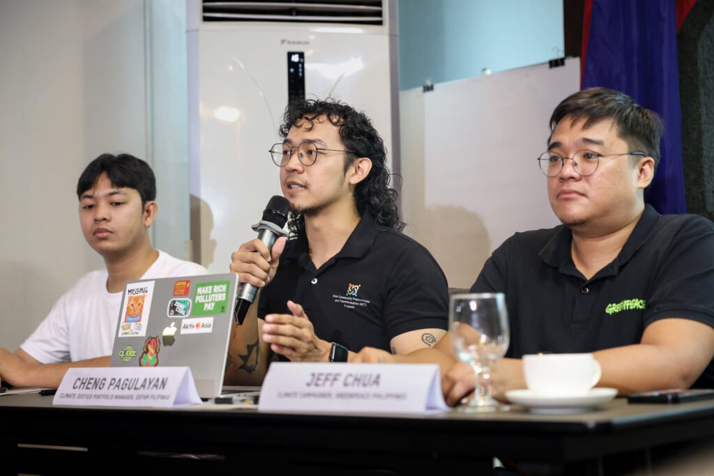 Oxfam Pilipinas Climate Justice Portfolio Manager, Cheng Pagulayan, Greenpeace Climate Campaigner, Jeff Chua, and Tara Kabataan Council, Isaac Gabrielle Hernandez respond to questions from the media at the Press Conference on the Global Survey results in the Philippine context in Quezon City on 31 July 2025. (©️Greenpeace/Basilio Sepe)