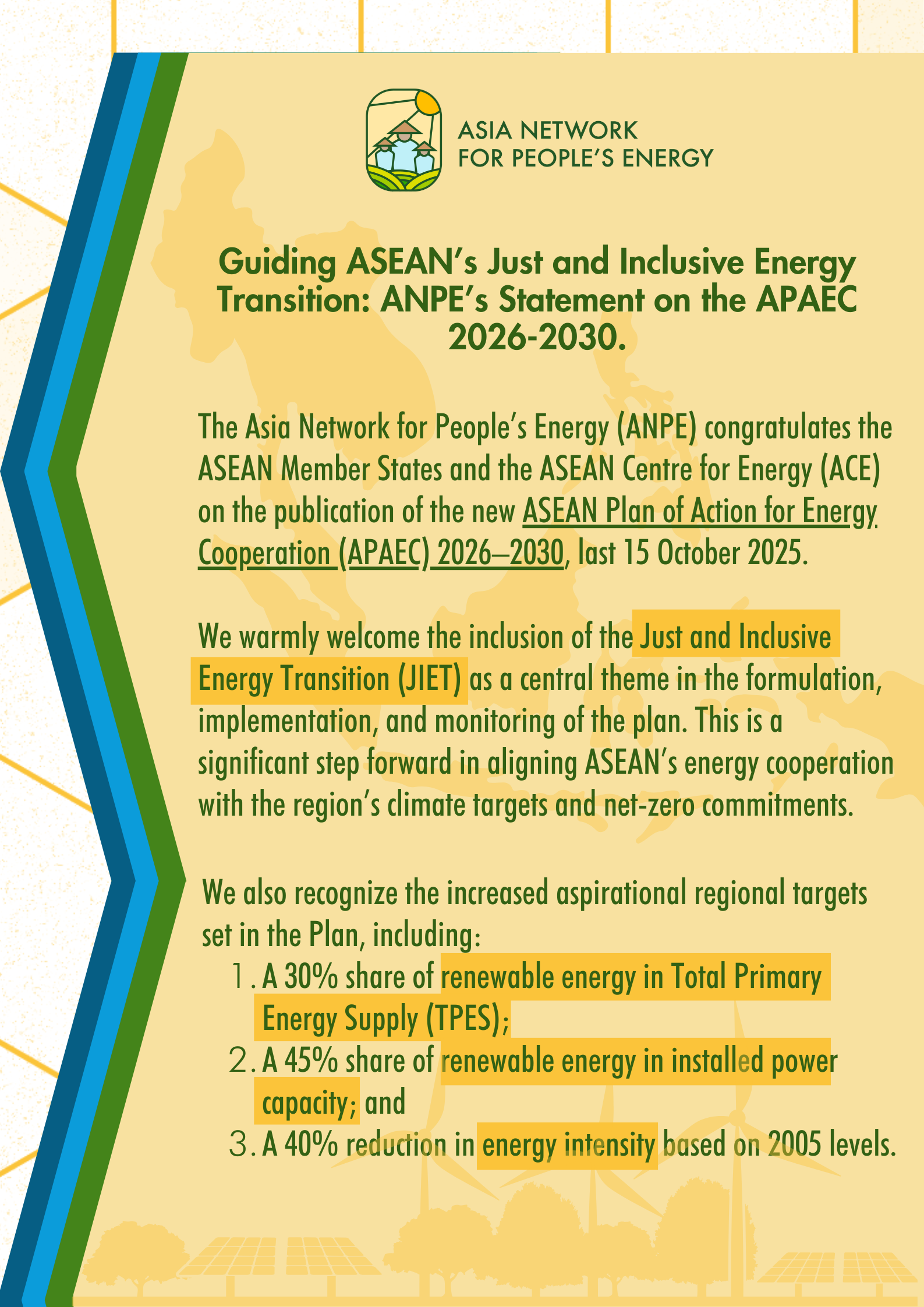 The Asia Network for People’s Energy (ANPE) congratulates the ASEAN Member States and the ASEAN Centre for Energy (ACE) on the publication of the new ASEAN Plan of Action for Energy Cooperation (APAEC) 2026–2030 last 15 October 2025.