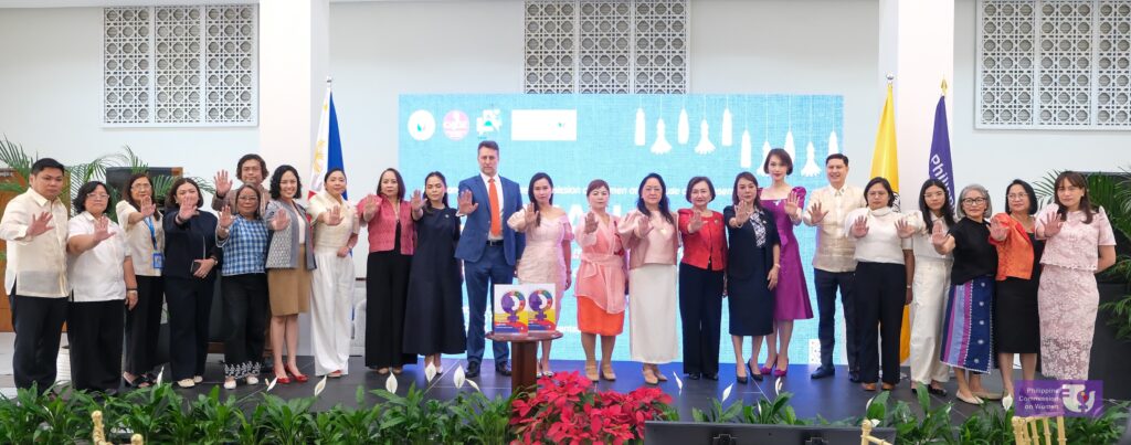 Photo of Lot Felizco, executive director of Oxfam Pilipinas, and fellow guest speakers at the Philippine Commission on Women's Priority Legislative Agenda for the 20th and 21st Philippine Congress on November 26, 2025. (Photo and design by Philippine Commission on Women)
