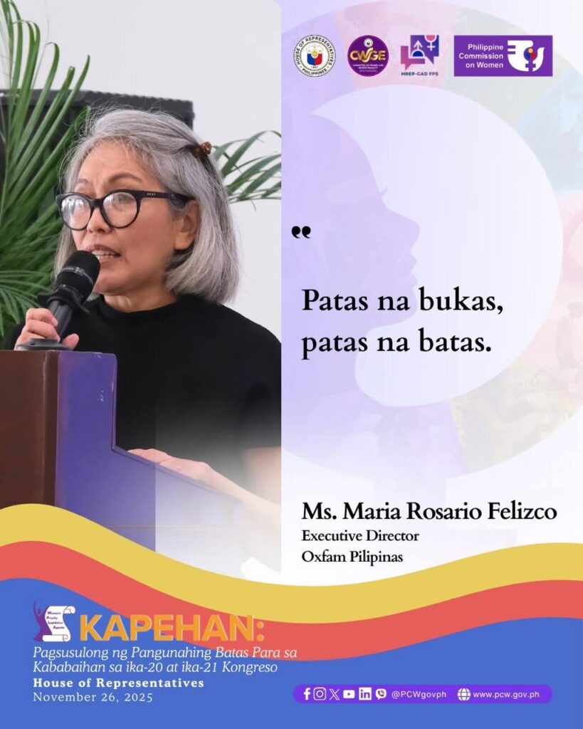 Photo of Lot Felizco, executive director of Oxfam Pilipinas, at the Philippine Commission on Women's Priority Legislative Agenda for the 20th and 21st Philippine Congress on November 26, 2025. (Photo and design by Philippine Commission on Women)