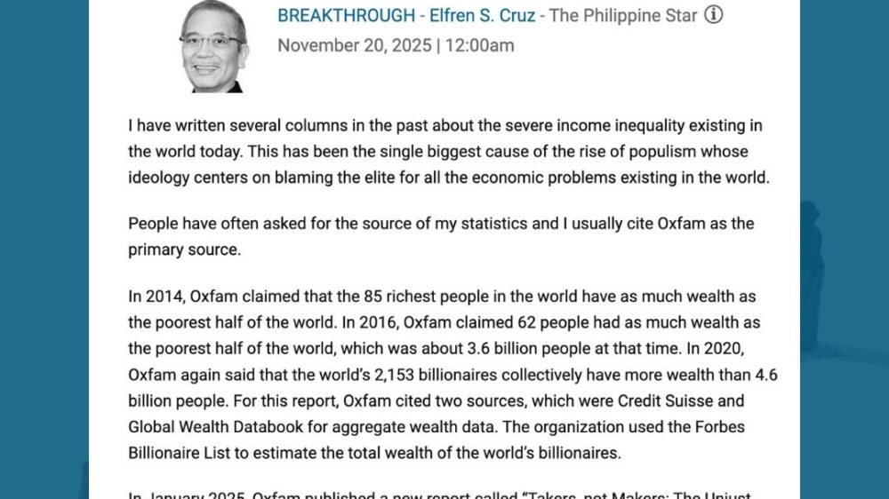 Screenshot of Elfren Cruz' opnion piece or commentary featuring Oxfam Pilipinas published by The Philippine Star on November 20, 2025