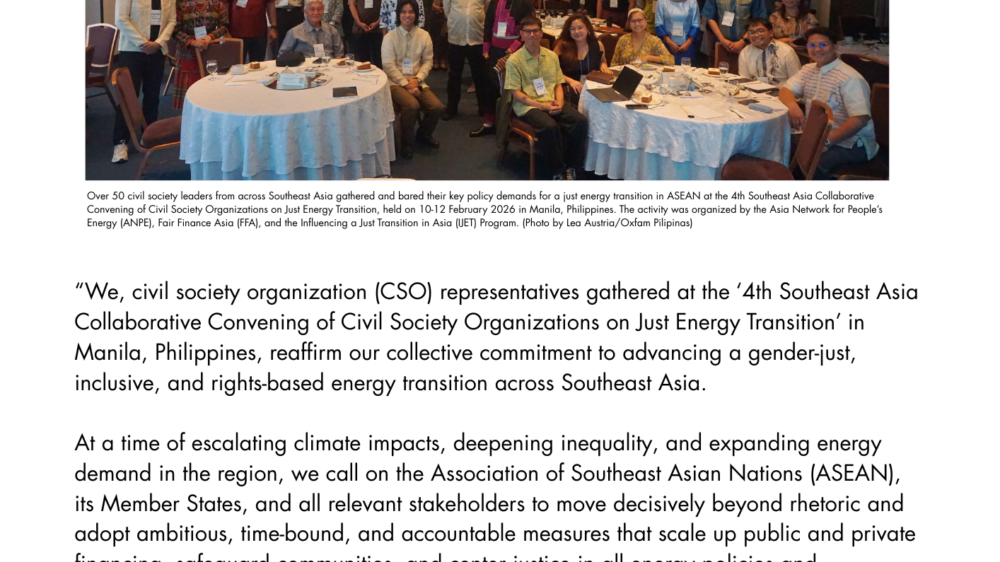 COMMUNIQUE: 4th Southeast Asia Collaborative Convening of Civil Society Organizations on Just Energy Transition Advancing a Gender-Just, Inclusive, and Rights-based Energy Transition across Southeast Asia