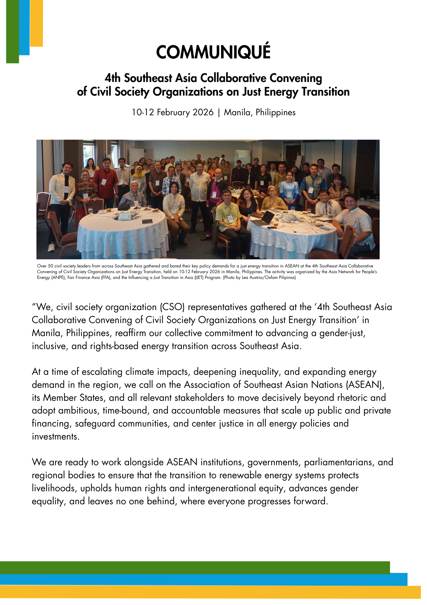 COMMUNIQUE: 4th Southeast Asia Collaborative Convening of Civil Society Organizations on Just Energy Transition Advancing a Gender-Just, Inclusive, and Rights-based Energy Transition across Southeast Asia