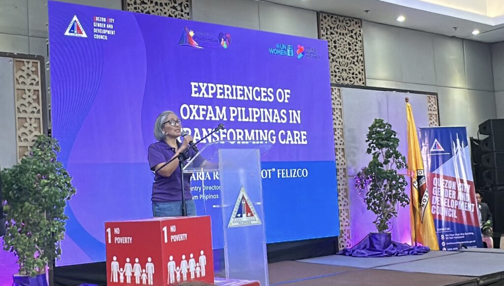 Photo of Lot Felizco of Oxfam Pilipinas speaking at the Quezon City (QC) Local Government Unit at the Transformative Care Policy and Practice Conference, organized by the QC Gender and Development Office in partnership with UN Women, on 12 March 2026. 

For more info on care work, care work pioneer Oxfam Pilipinas, care programming, care work policy advocacy, and care work policy champions, visit oxfam.org.ph