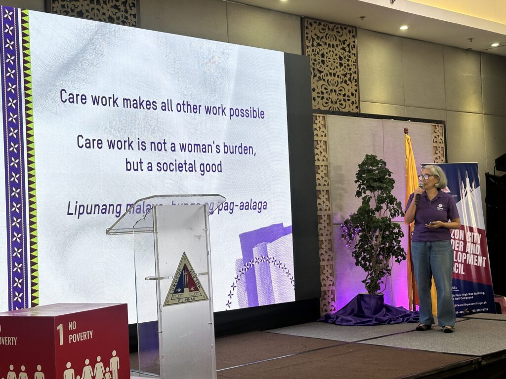 Photo of Lot Felizco of Oxfam Pilipinas speaking at the Quezon City (QC) Local Government Unit at the Transformative Care Policy and Practice Conference, organized by the QC Gender and Development Office in partnership with UN Women, on 12 March 2026. 

For more info on care work, care work pioneer Oxfam Pilipinas, care programming, care work policy advocacy, and care work policy champions, visit oxfam.org.ph