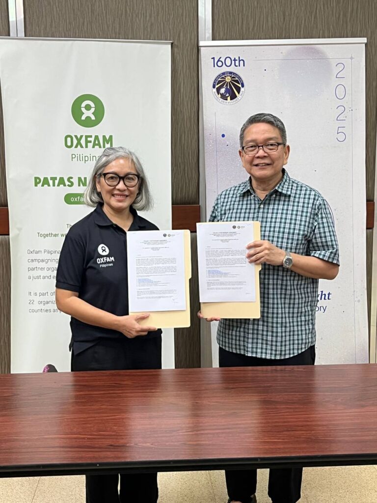 Photo of Oxfam Pilipinas Executive Director Lot Felizco and Manila Observatory Executive Director Fr. Jose Ramon T. Villarin, S.J., renewing the Memorandum of Understanding for enhancing the multi-hazard index to determine the thresholds and triggers for launching an anticipatory action. Anticipatory action refers to proactive measures that reduce the adverse impact of a forecasted disaster. It is the defining concept of Republic Act 12287, or the "Declaration of State of Imminent Disaster Act." Oxfam Pilipinas and Manila Observatory collaborated under the SUPREME BARMM project in 2023 to improve the early warning system and anticipatory action in the Bangsamoro region.
