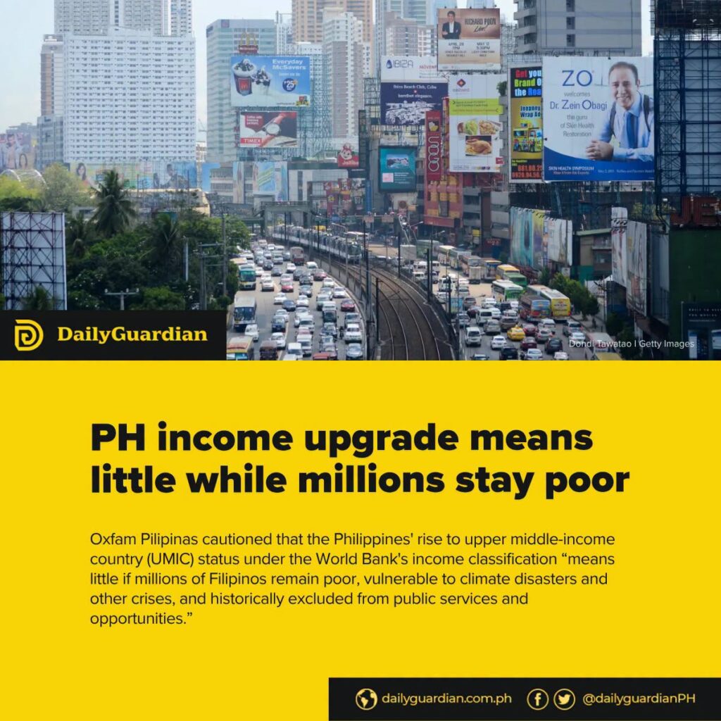Daily Guardian media outlet art card on Oxfam Pilipinas' statement about the Philippines reaching upper-middle-income status per the World Bank. For more info, read Oxfam.org.ph