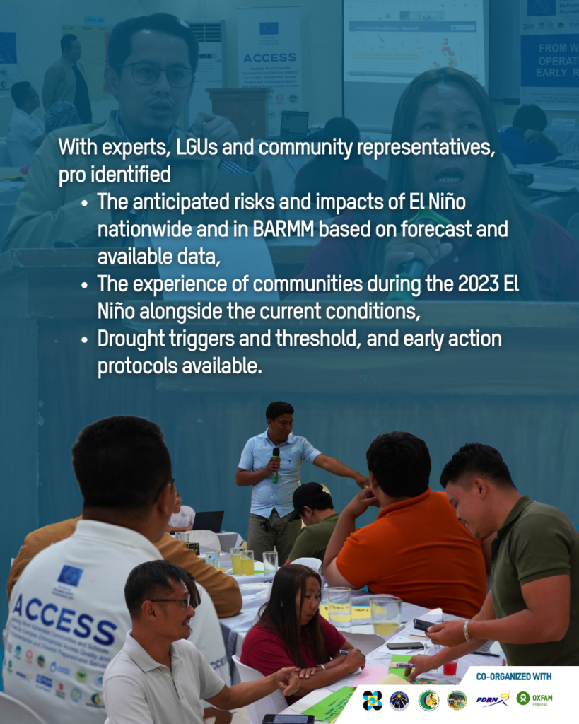 Strengthening the preparedness of LGUs and communities in BARMM, the ACCESS Consortium held “From Warning to Action: Operationalizing El Niño Early Response in BARMM,” a technical briefing for Super El Niño 2026 in Cotabato City.
With experts from DOST-PAGASA and Manila Observatory, the activity integrated climate data, forecast and analysis with community observations to map the anticipated risks and impacts of El Niño and align the actions and programs of LGUs in deploying resources before El Niño peaks, reducing potential losses to agriculture, water systems, and public health in BARMM.
Director Abutazil, Acting Director of Bureau of Local Government Academy, stressed in his keynote address the need for a concerted effort from government, communities and development partners in BARMM to effectively prepare for and withstand the impacts of El Niño.
The ACCESS Consortium is working with communities, LGUs, experts, and partners to provide timely humanitarian assistance to those most impacted by El Niño, to reduce risks, and uphold human dignity.