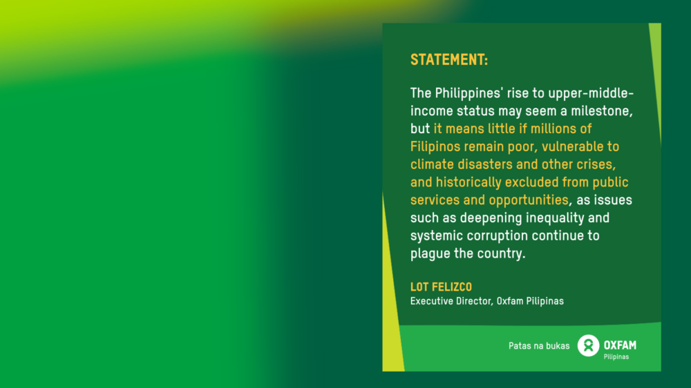 Oxfam Pilipinas statement on the Philippines reaching the upper-middle-income status. Read more at oxfam.org.ph