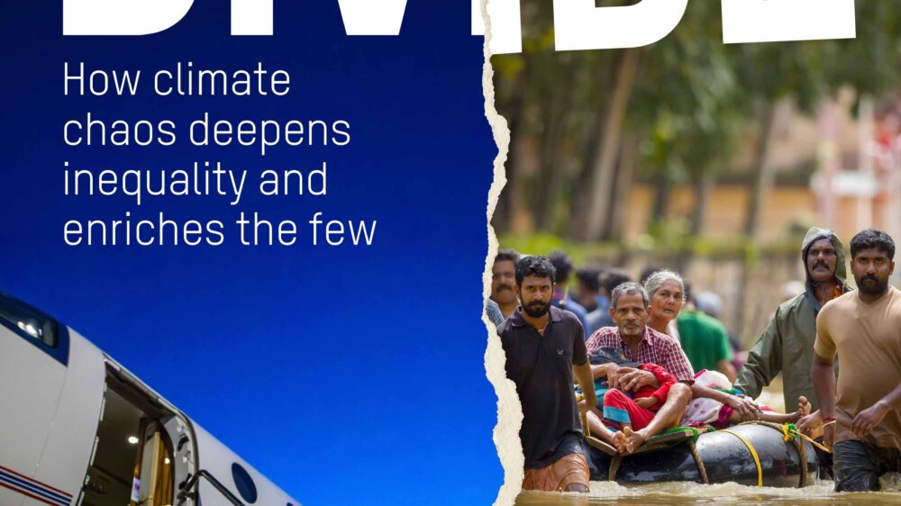 "Disaster Divide: How climate chaos deepens inequality and enriches a few" appears as the title on top. On the left is the open stairway of a jet or airplane. On the right is a group of people walking in a flooded path while pulling